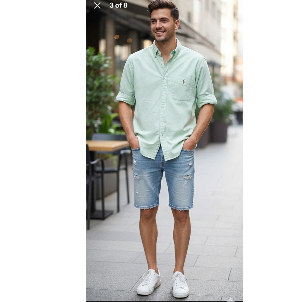 Ralph Lauren Men's Classic Fit Green Oxford Short Sleeve Flesh Pony Size L